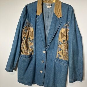 VTG Saint Germain Paris Denim Blazer Womens M Blue & Tan Faux Suede W/print